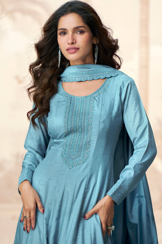 Blue Readymade Silk Gown with Dupatta-SS553_2_SareeButa.com