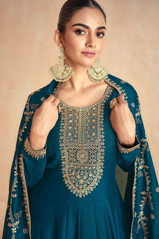 Blue Readymade Silk Gown with Dupatta-SS581_2_SareeButa.com