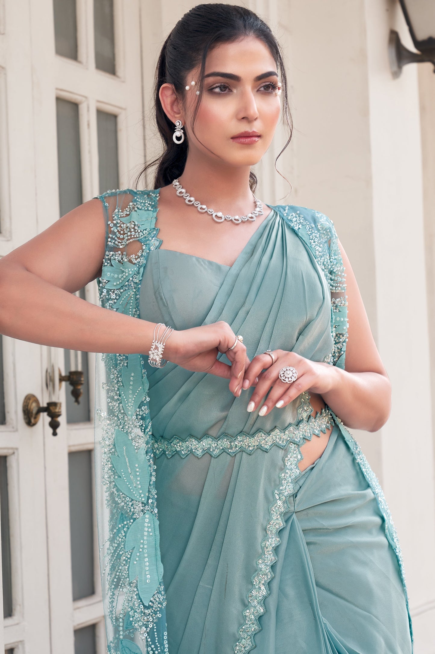 Blue Satin Silk Readymade Saree with Stitched Blouse-ZB133992_2_SareeButa.com