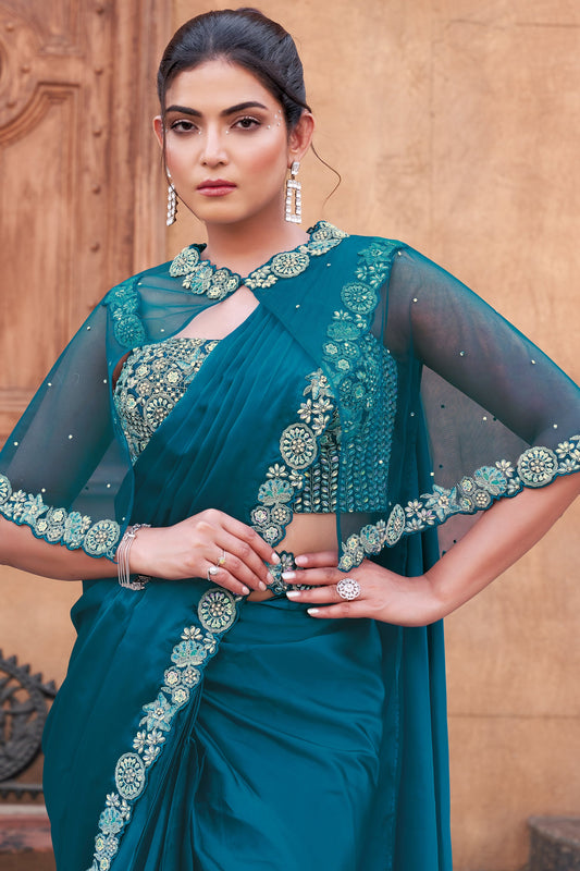 Blue Satin Silk Readymade Saree with Stitched Blouse-ZB134302_2_SareeButa.com