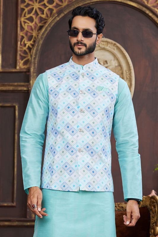 Blue Silk Kurta Pajama with Jacket-MW33_2_SareeButa.com