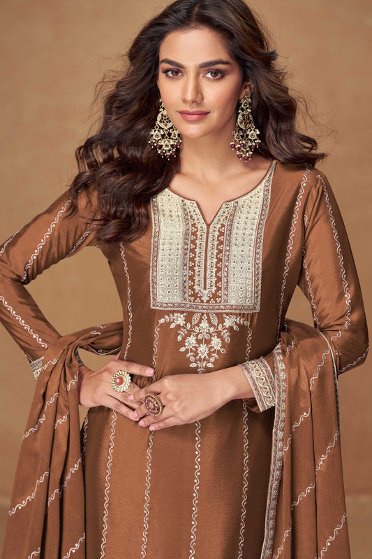 Brown Readymade Embroidered Chinon Silk Suit-SS426_2_SareeButa.com