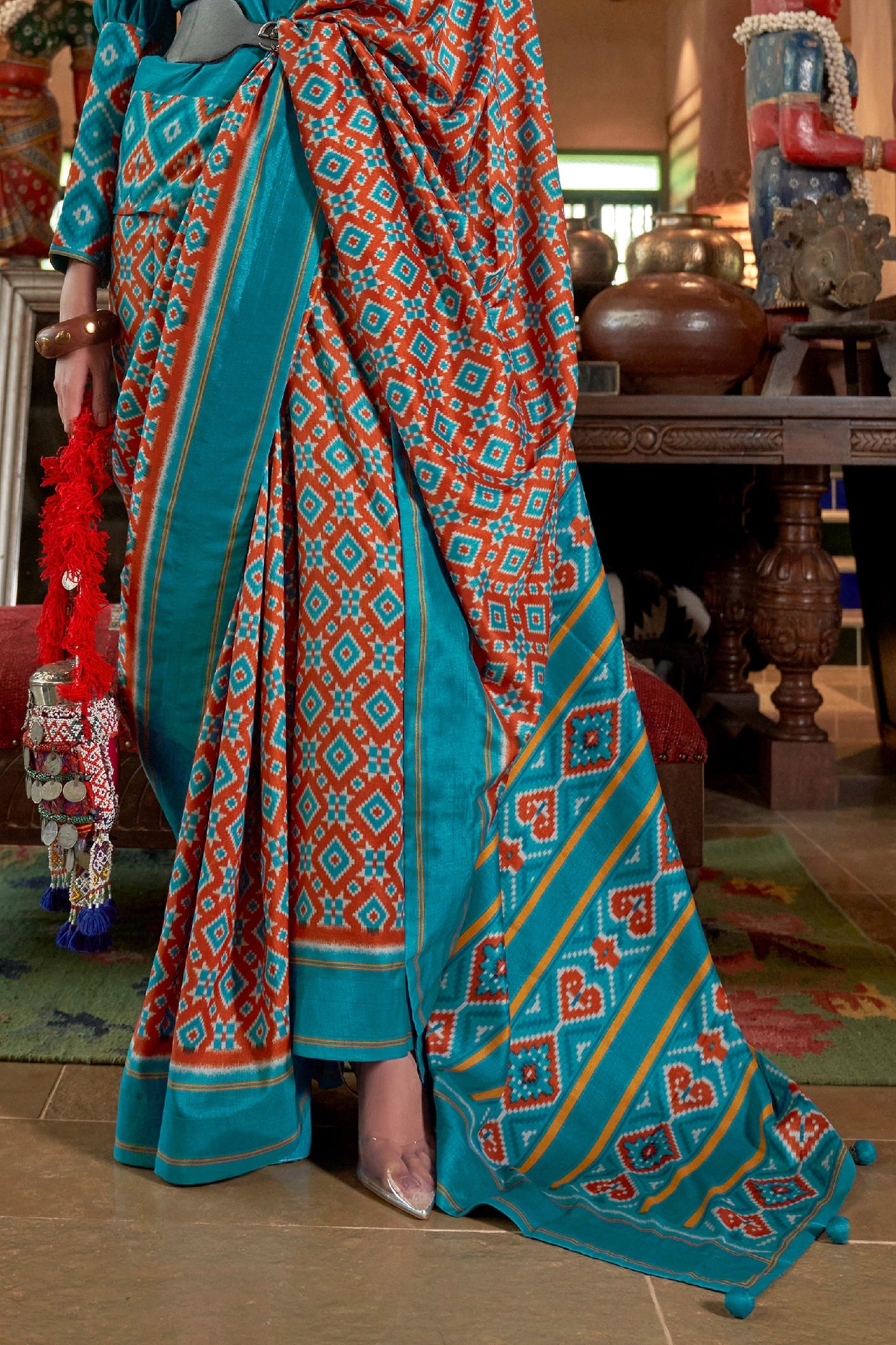 Brown And Blue Printed Silk Saree-SAR11327_4_SareeButa.com