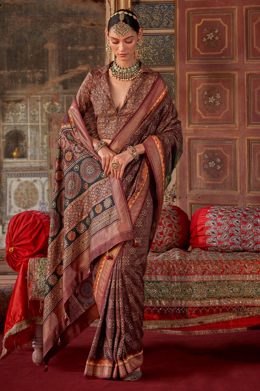 Brown Printed Silk Saree-SAR10110_2_SareeButa.com