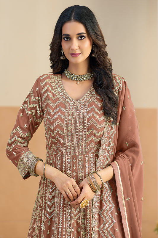 Brown Readymade Georgette Gown With Dupatta-SAR12491_2_SareeButa.com