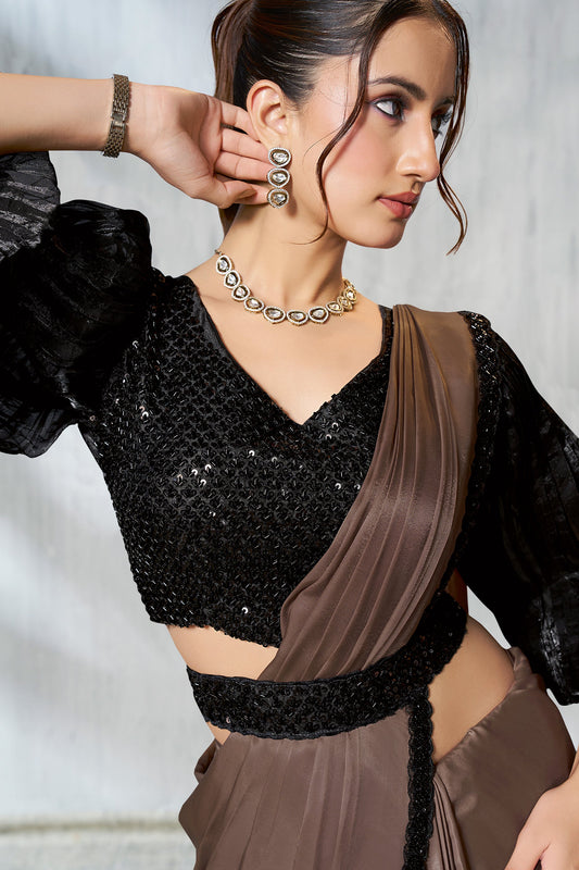 Brown Satin Silk Readymade Saree-SAR11136_2_SareeButa.com