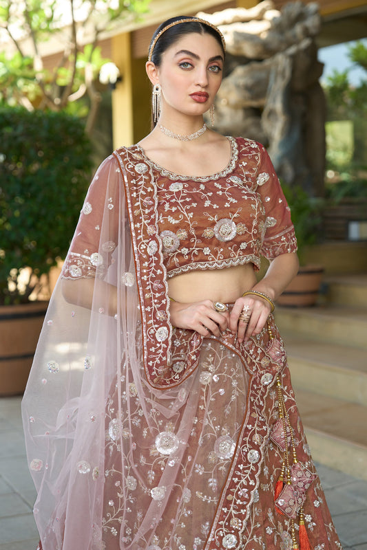 Brown Semi-Stitched Embroidered Tissue Lehenga-SAR10731_2_SareeButa.com
