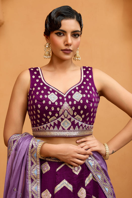 Burgundy Semi-Stitched Embroidered Silk Lehenga-SAR10699_2_SareeButa.com