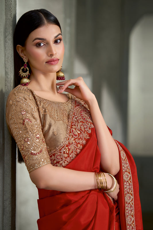 Burnt Orange Embroidered Crepe Silk Saree-SAR13282_2_SareeButa.com