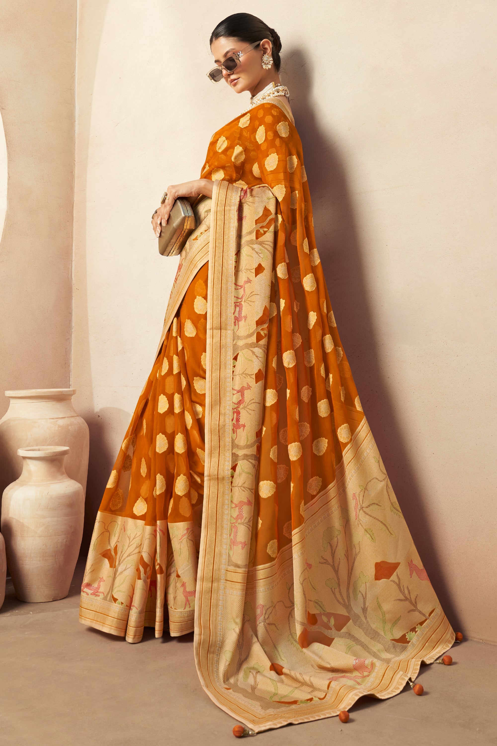 Rust Orange Moss Georgette Saree