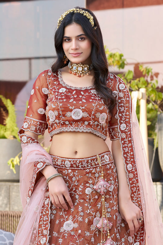 Burnt Orange Semi-Stitched Embroidered Silk Lehenga
