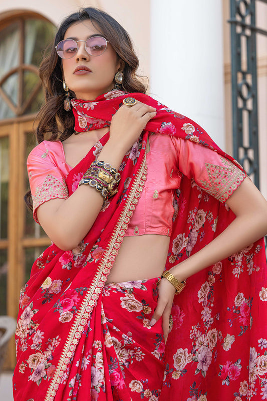 Cherry Pink Printed Viscose Silk Saree with Lace Border-ZB134629_2_SareeButa.com