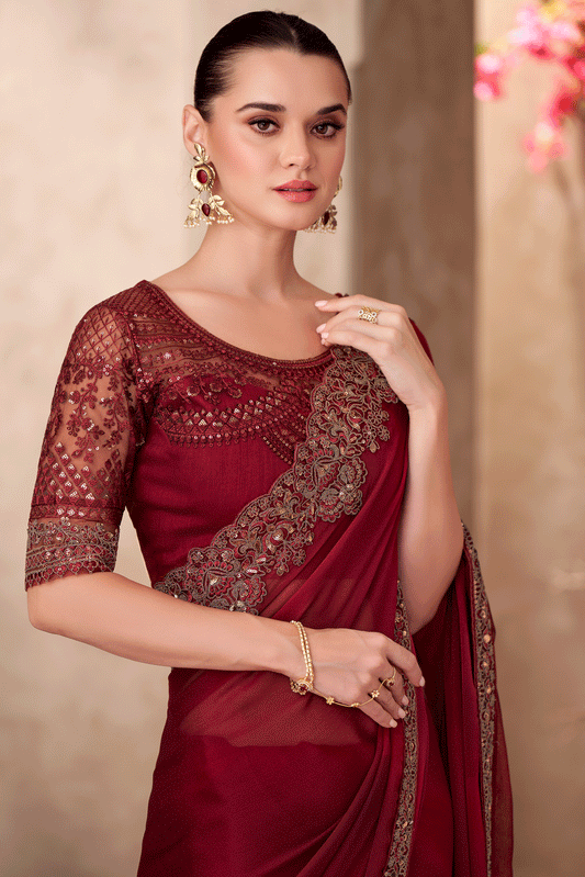 Cherry Red Embroidered Shaded Chiffon Saree-ZB134903_2_SareeButa.com