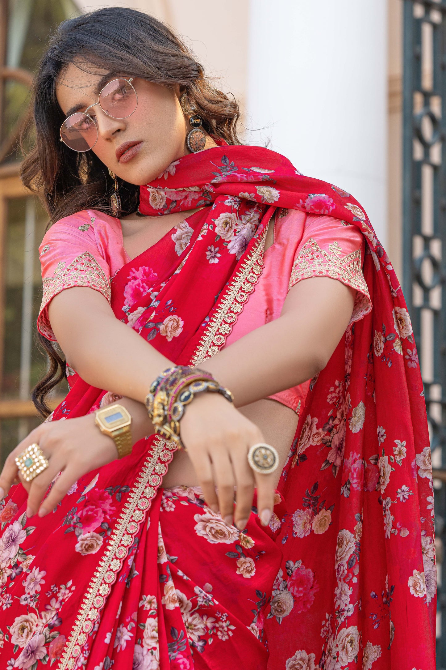 Cherry Pink Printed Viscose Silk Saree with Lace Border-ZB134629_4_SareeButa.com