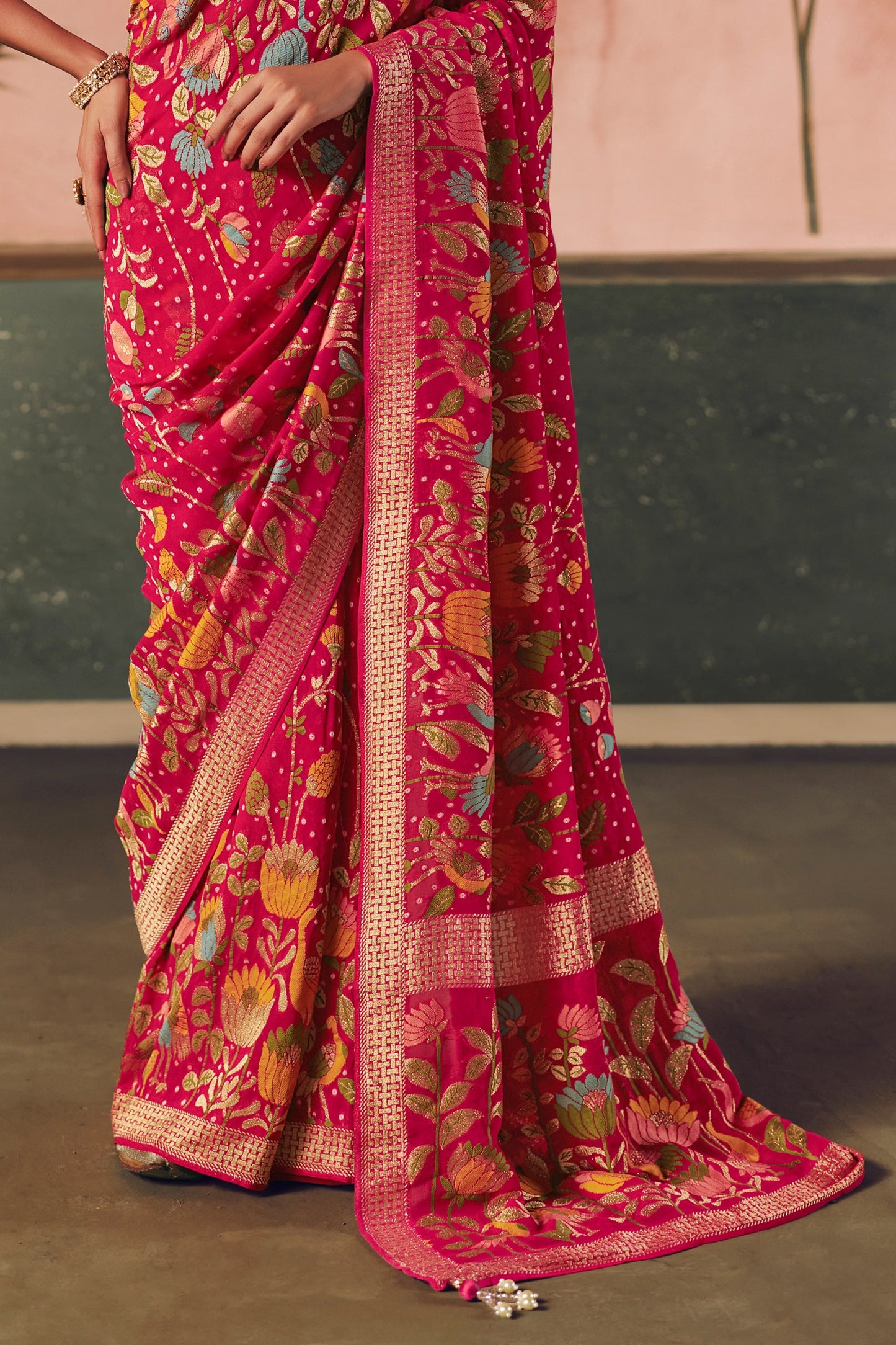 Cherry Pink Woven Georgette Bandhani Saree-SAR10976_5_SareeButa.com