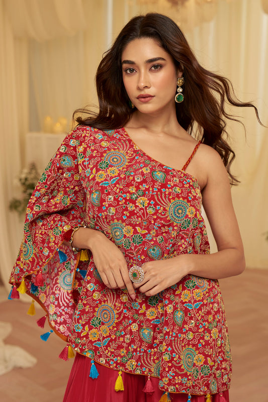 Cherry Red Readymade One Shoulder Palazzo Set-SAR12059_2_SareeButa.com