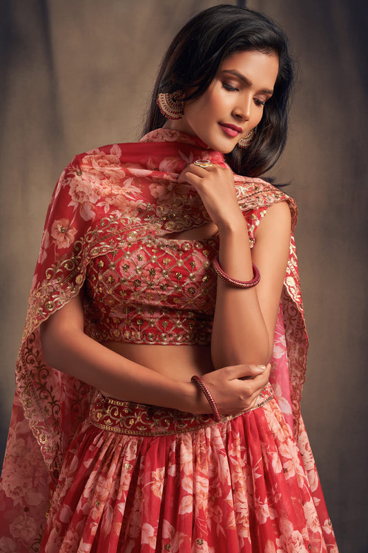 Cherry Red Semi-Stitched Embroidered Organza Lehenga-LC157_2_SareeButa.com