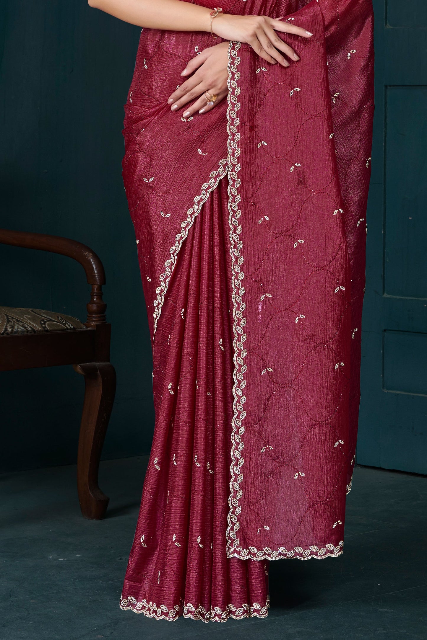 Cherry Red Stone Work Crepe Saree-SAR10746_5_SareeButa.com