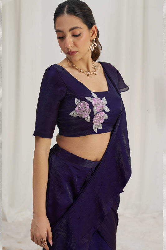 Cobalt Blue Organza Readymade Saree with Stitched Blouse-ZB133658_2_SareeButa.com