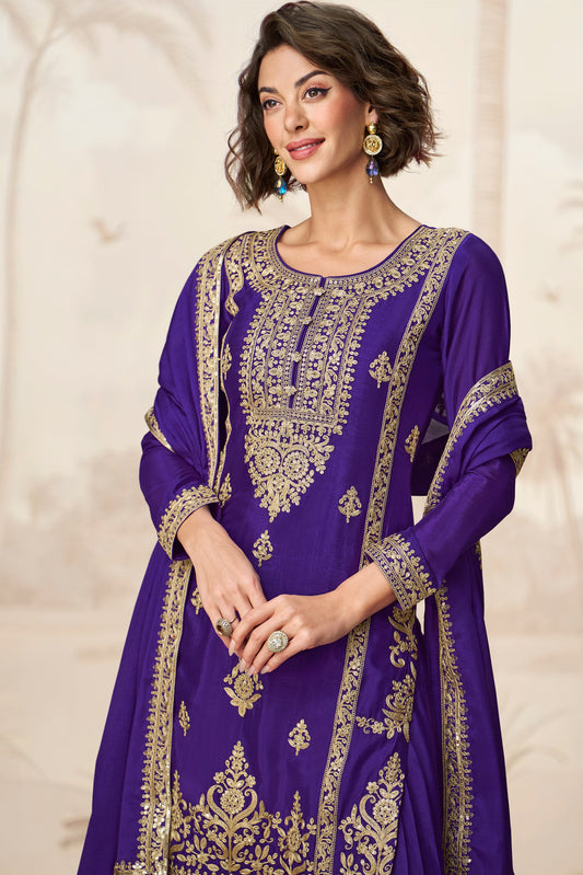 Cobalt Blue Readymade Embroidered Chinon Silk Palazzo Suit-SS742_2_SareeButa.com