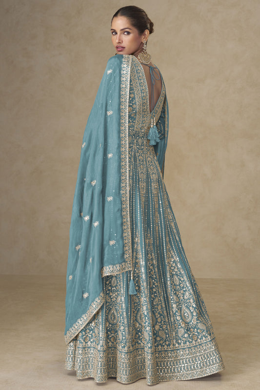 Cool Blue Readymade Embroidered Chinon Palazzo Suit-SS951_2_SareeButa.com