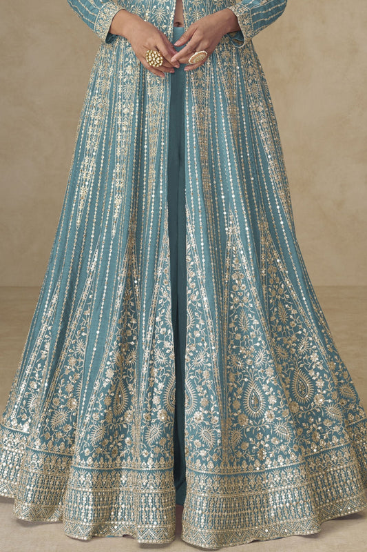 Cool Blue Readymade Embroidered Chinon Palazzo Suit-SS951_3_SareeButa.com