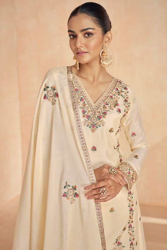 Cream Chinnon Readymade Pallazo Suit-SS079_2_SareeButa.com