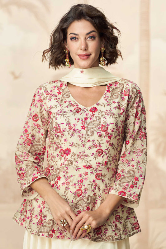 Cream Readymade Chinon Silk Palazzo Set-SS319_2_SareeButa.com