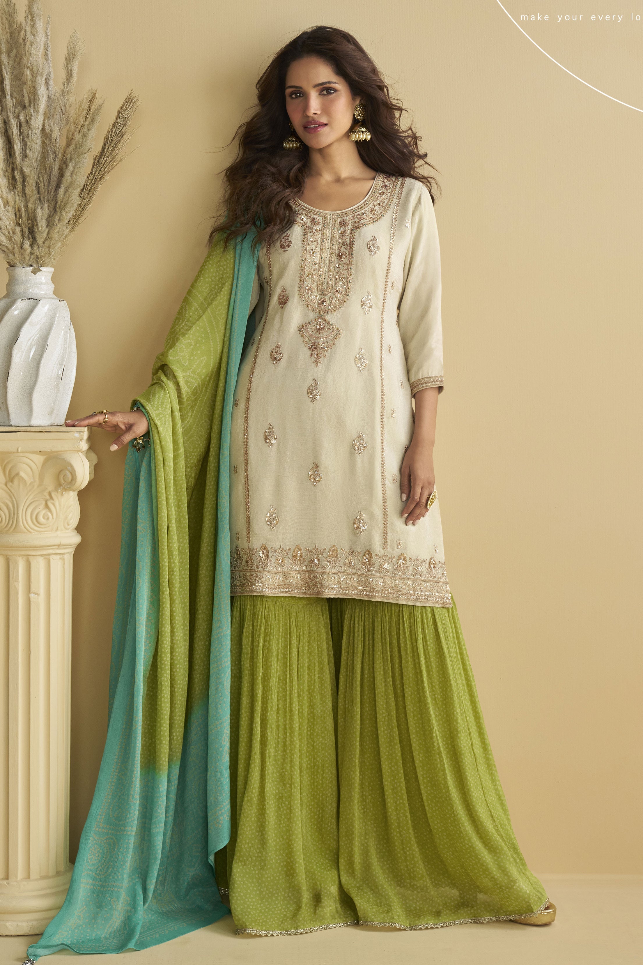 Function Wear Chinon Silk Red Color Sharara Suit