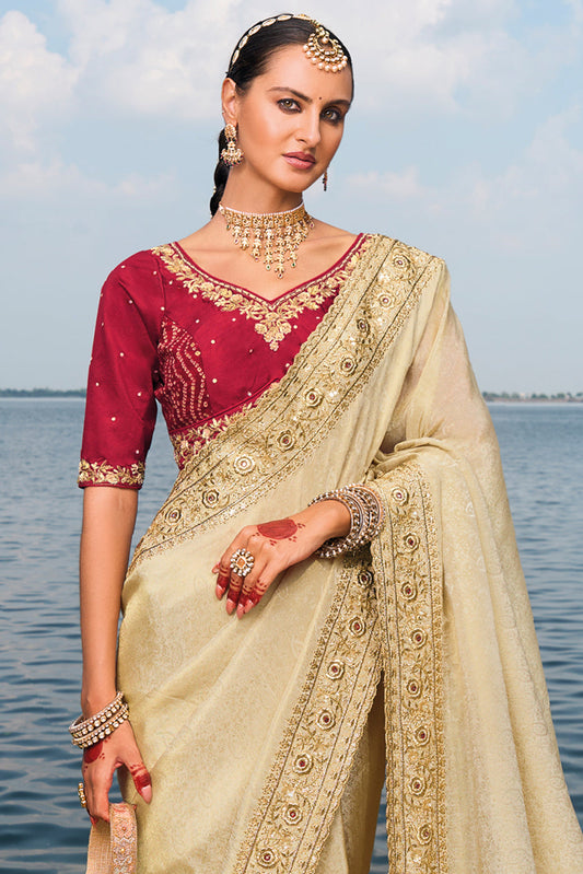 Cream Heavy Work Banarasi Saree With Readymade Blouse-ZB133462_2_SareeButa.com