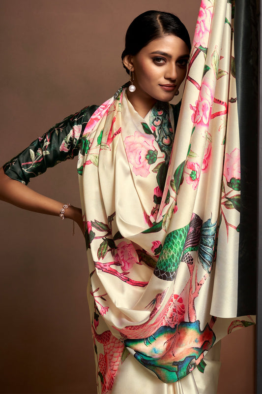 Cream Printed Satin Crepe Saree-ZB133796_2_SareeButa.com