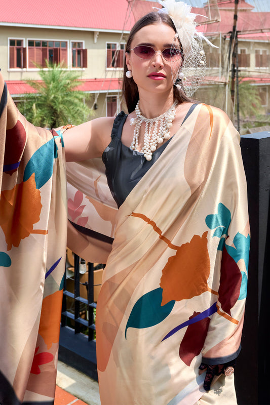 Cream Printed Satin Crepe Saree-ZB134007_2_SareeButa.com
