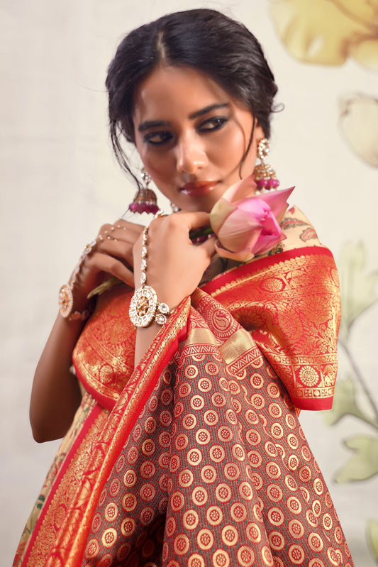 Beige With Red Border Pure Dharmavaram Silk Saree-ZB133396_2_SareeButa.com