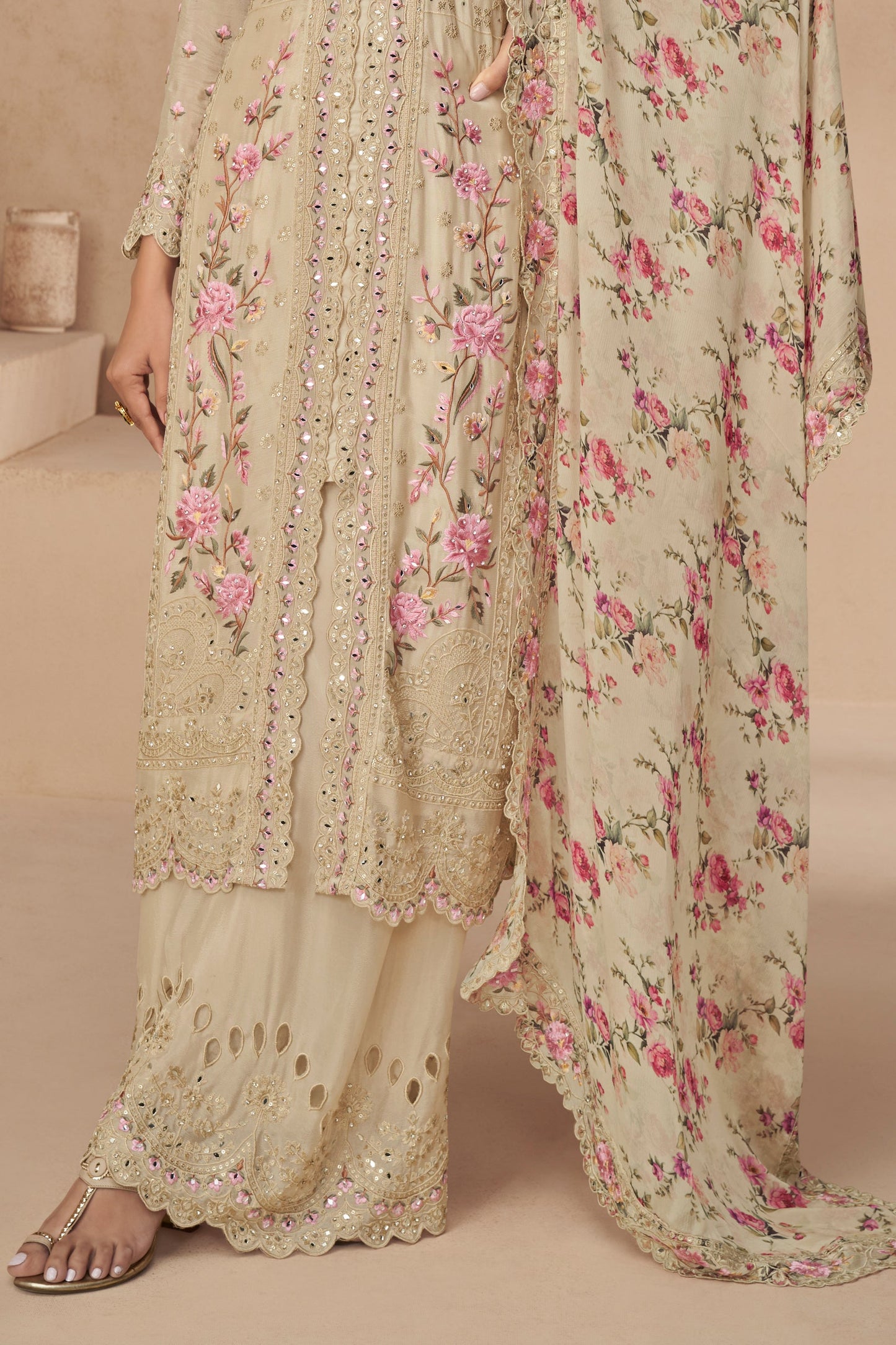 Cream Readymade Chinon Silk Palazzo Suit-SS560_3_SareeButa.com