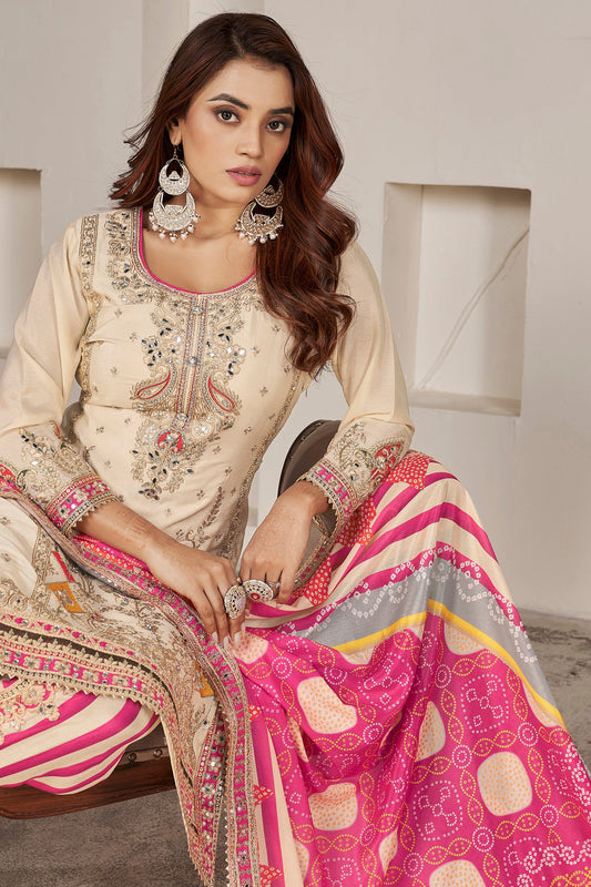 Cream Readymade Chinon Suit With Tulip Pants-SS166_2_SareeButa.com