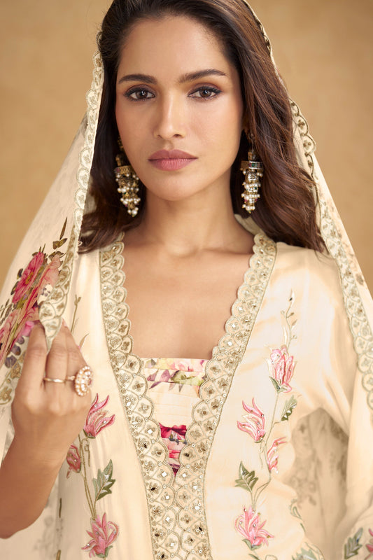 Cream Readymade Embroidered Chinon Silk Suit-SAR10915_2_SareeButa.com