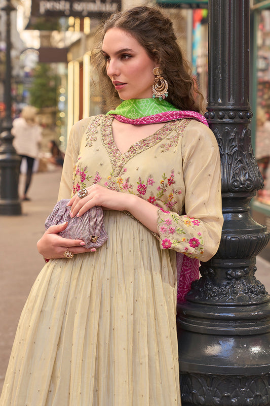 Cream Readymade Simar Silk Gown With Dupatta-SAR11049_2_SareeButa.com