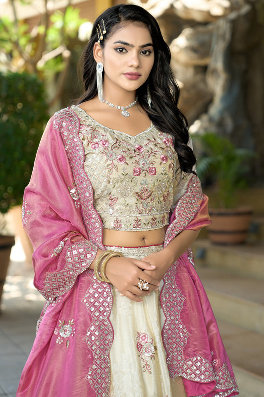 Cream Semi-Stitched Embroidered Tissue Jacquard Lehenga-SAR10724_2_SareeButa.com
