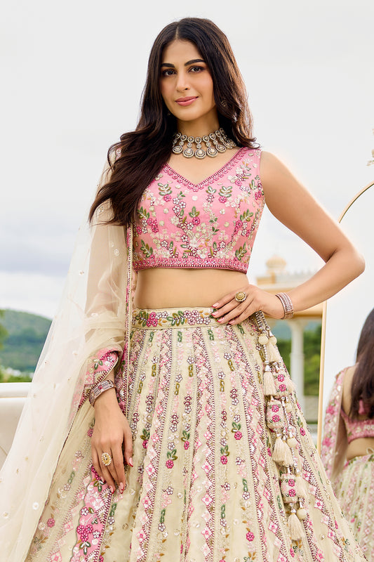 Cream Semi-Stitched Embroidered Tissue Lehenga