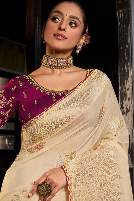 Cream Woven Viscose Silk Saree With Lace Border-ZB134665_2_SareeButa.com