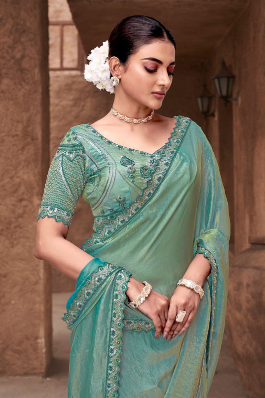 Cyan Green Gradient Satin Silk Saree with Readymade Blouse-ZB133943_2_SareeButa.com