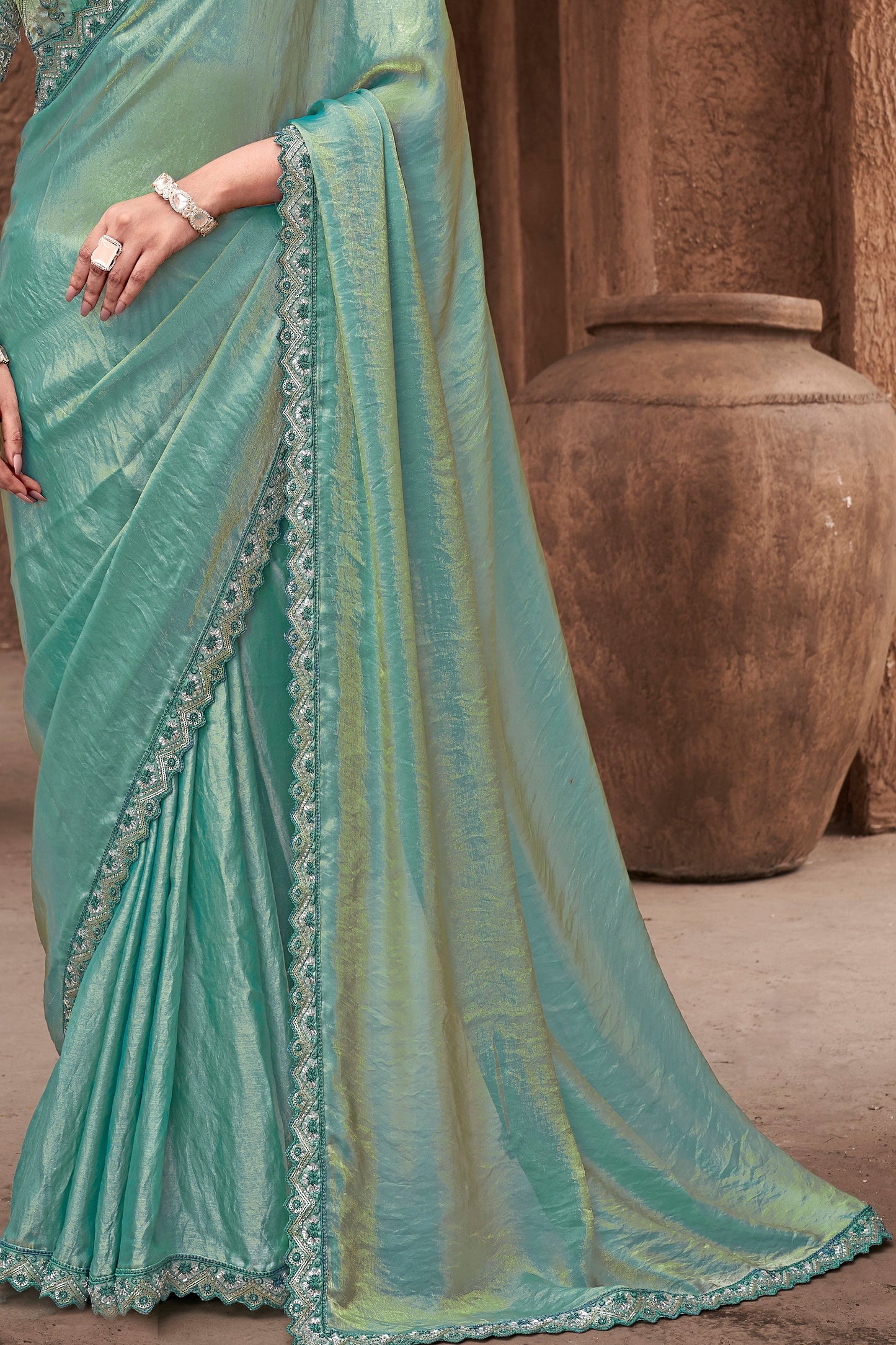 Cyan Green Gradient Satin Silk Saree with Readymade Blouse-ZB133943_3_SareeButa.com
