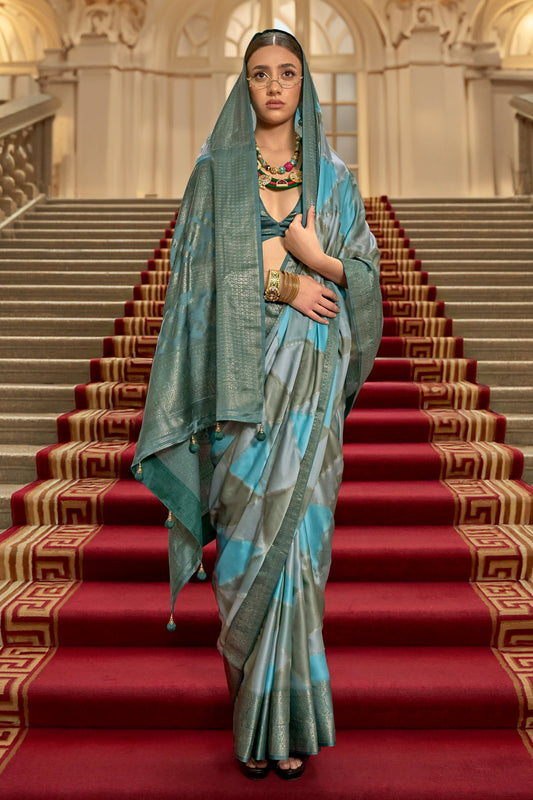 Cyan Blue And Grey Printed Satin Silk Saree-SAR10189_2_SareeButa.com
