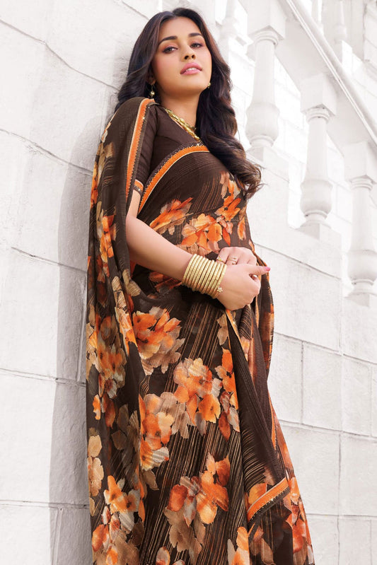 Dark Brown Printed Georgette Saree-ZB133245_2_SareeButa.com
