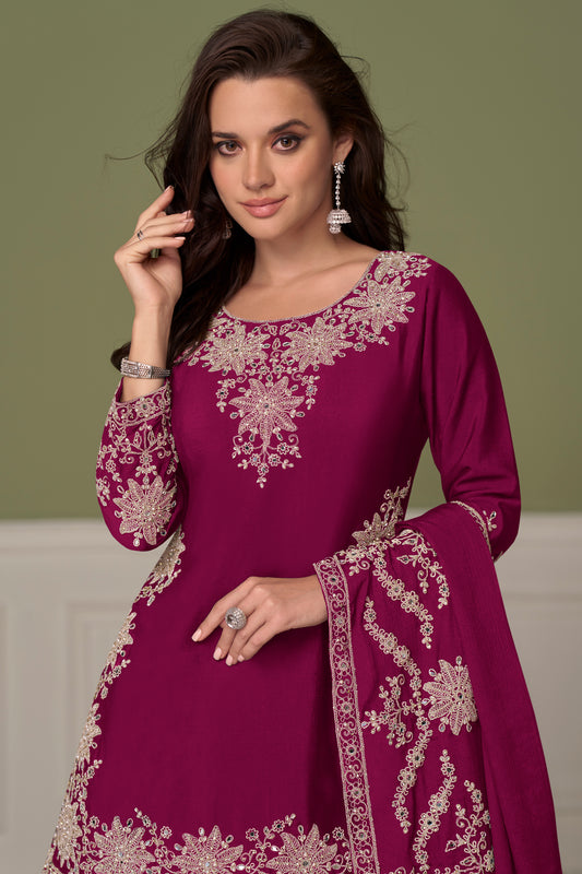 Deep Magenta Readymade Embroidered Chinon Skirt Suit-SAR13544_2_SareeButa.com
