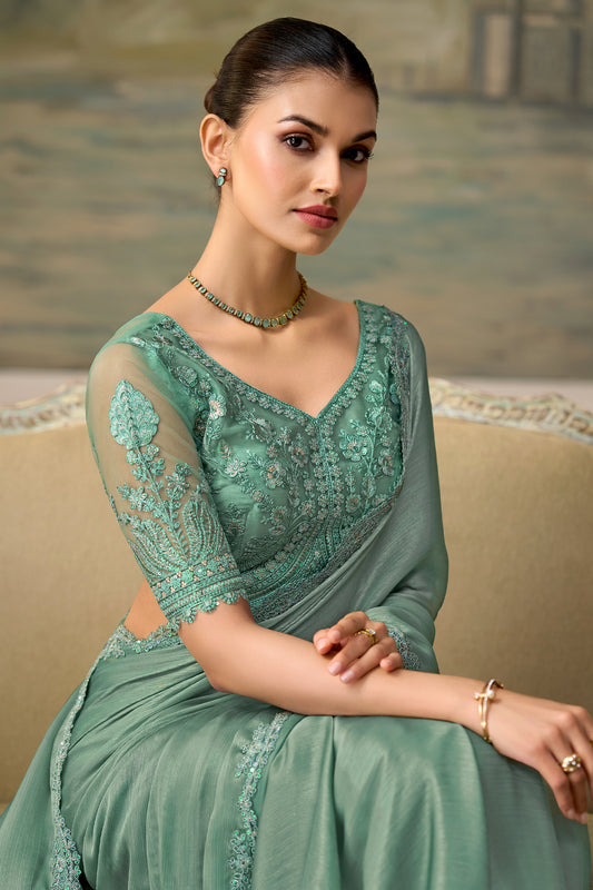 Dusty Green Embroidered Chiffon Saree-SAR13176_2_SareeButa.com
