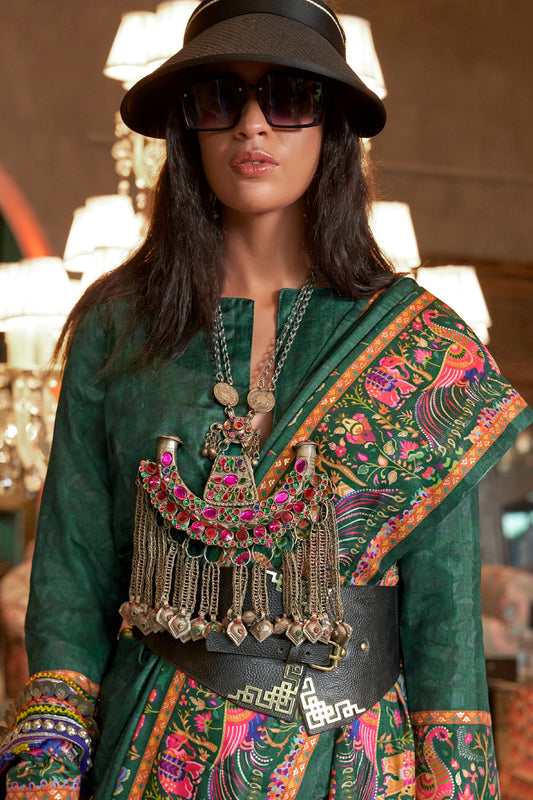 Forest Green Printed Silk Saree-SAR11267_2_SareeButa.com