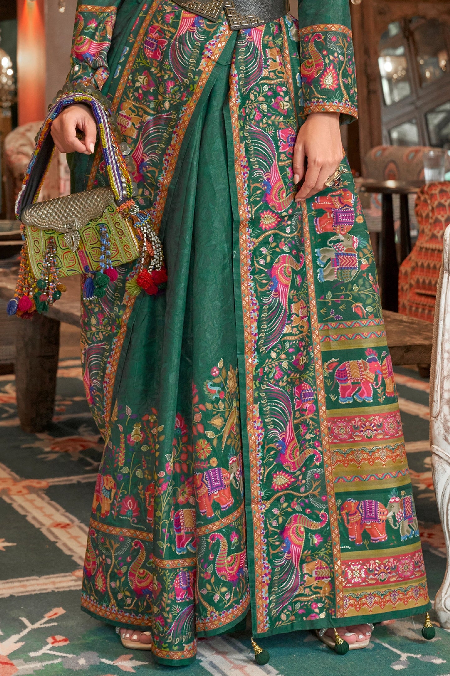 Forest Green Printed Silk Saree-SAR11267_4_SareeButa.com