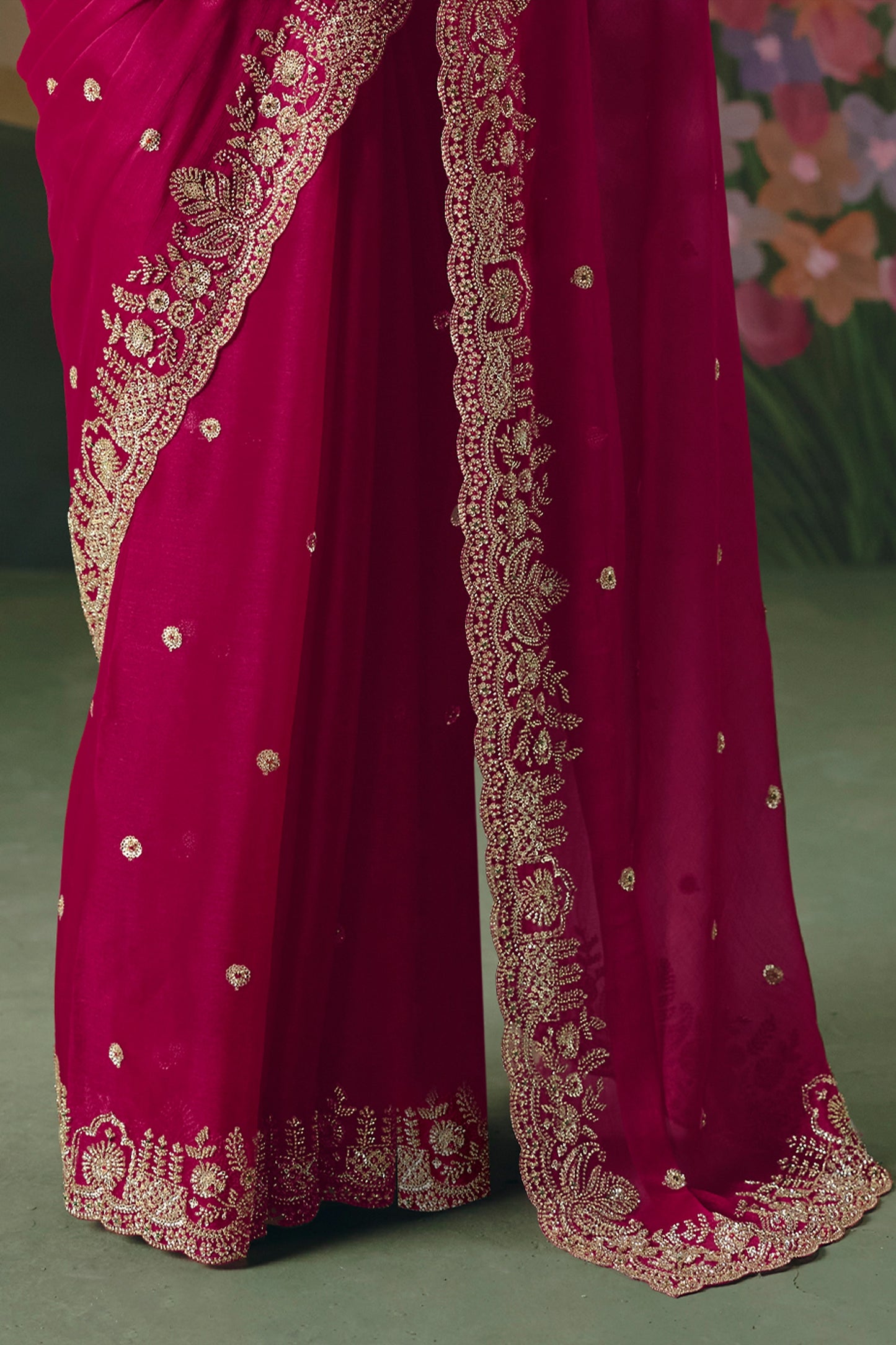 Fuchsia Pink Embroidered Organza Saree