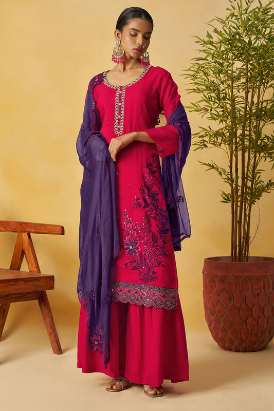 Fuhsia Pink Readymade Embroidered Organza Palazzo Suit-SAR10811_2_SareeButa.com